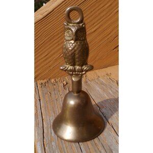 Vtg Patina Heavy Solid Brass School Bell w Embossed Figural OWL Shape Handle